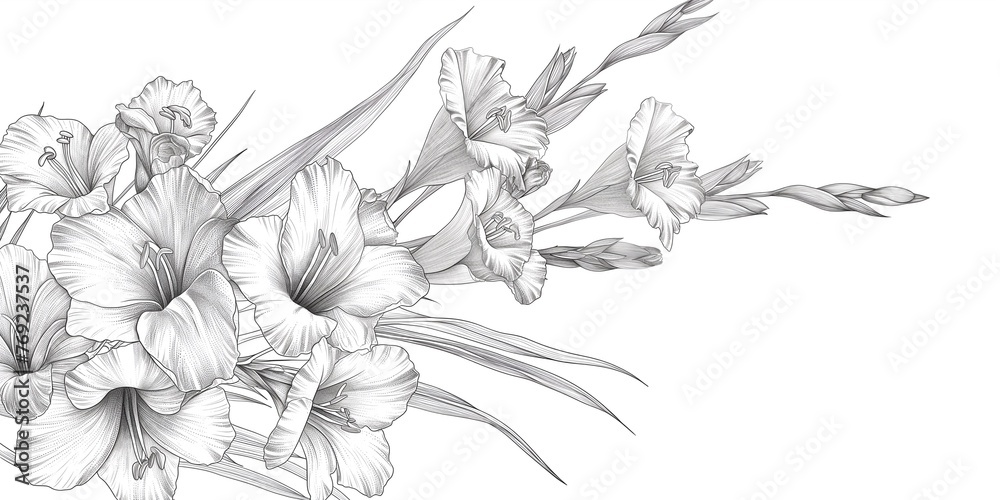Using delicate glaliquillus sketch lines in a clipable vector style, this exquisite floral arrangement showcases a variety of gladiolus flower arrangements and elements. - obrazy, fototapety, plakaty 