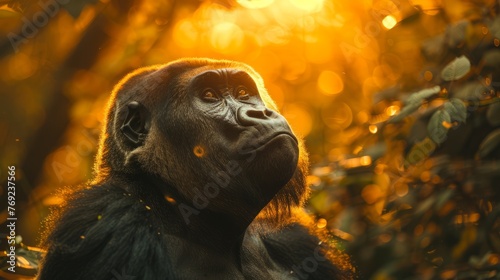 A primate with fur and snout gazes at the sun in the jungle photo