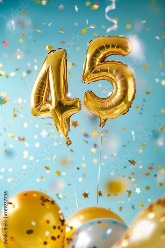 Golden helium floating balloons made in shape of number forty-five. Birthday party or wedding anniversary for 45 years celebration. 