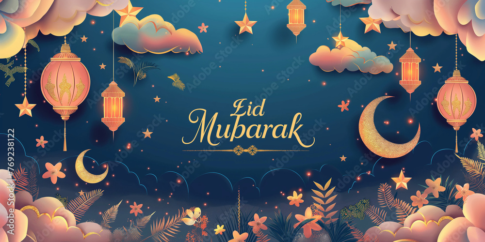 eid mubarak greeting card - obrazy, fototapety, plakaty 