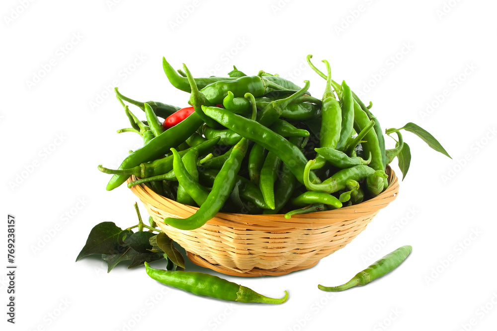 fresh organic green chili pepper or chillies in basket,cutout transparent background,png format,top view fresh organic green chili pepper or chillies in basket,cutout transparent background,png format,top view