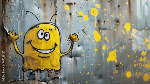 Fotografie A cheerful yellow graffiti character is painted on a weathered metal surface with paint splatters around