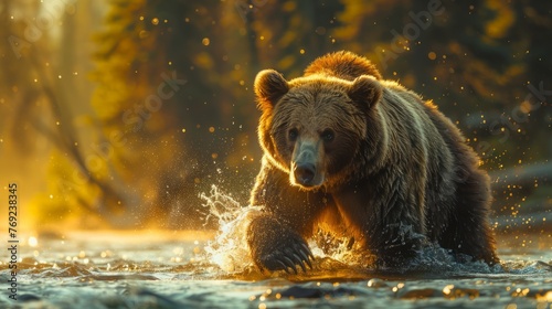 A Kodiak bear dashes through the water in a natural landscape photo