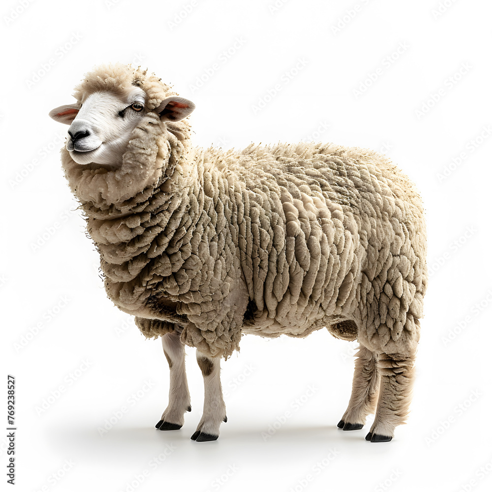 Obraz premium A terrestrial animal, the sheep is standing on a white background, gazing directly at the camera. Its fur is fluffy and its snout is prominent on this working animal