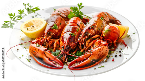 Garlic Crayfish, gourmet, meat plate, chicken dish , on white