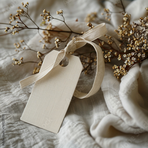 Blank Canvas Tag with Dried Flowers and Textile Background