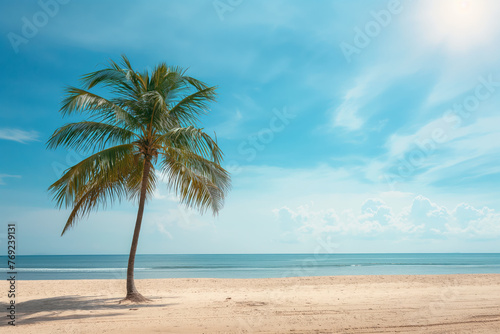 tropical beach with palm trees. Sunny summer day. Summer vacation and travel concept. © Koray