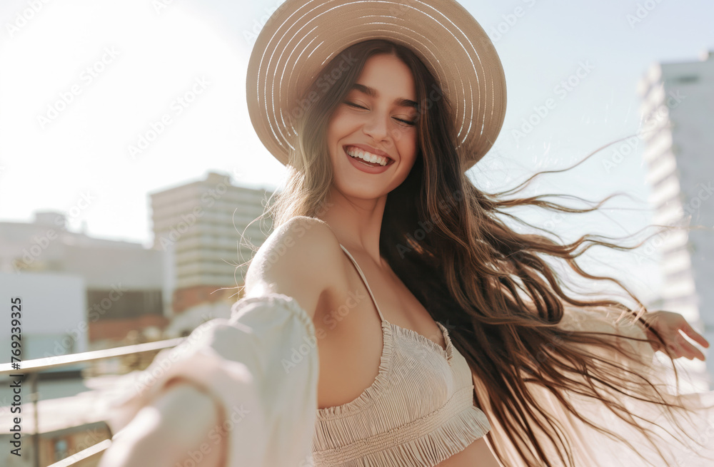 Beautiful young traveler woman woman posing and smiling. Selfie photo. Summer vacation and travel concept. Cultural truism.