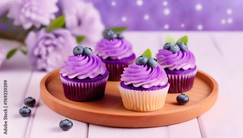 A blueberry cream cupcake with fresh blueberries on top, placed on a wooden plate.