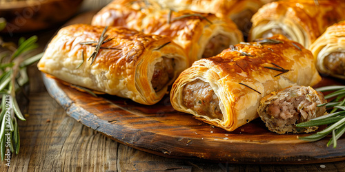 sausage rolls with rosemary on a wooden plate, generative AI