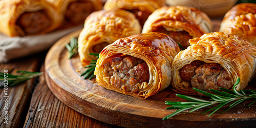 sausage rolls with rosemary on a wooden plate, generative AI © VALUEINVESTOR
