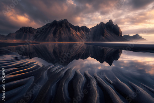 Vestrahorn mountaine on Stokksnes cape in Iceland during sunset with reflection. photo