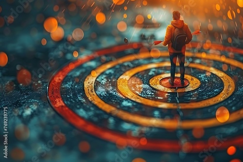 When a businessman points his arrow at a virtual target dartboard, the strategic method to reaching goals and hitting targets in the business world is visualized.