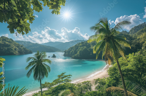 tropical beach with palm trees. Sunny summer day. Summer vacation and travel concept.tropical beach with palm trees. Sunny summer day. Summer vacation and travel concept.