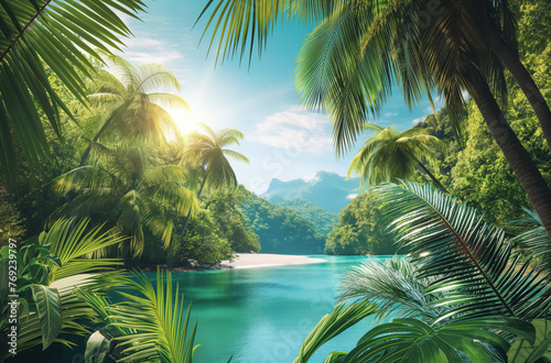 tropical beach with palm trees. Sunny summer day. Summer vacation and travel concept.tropical beach with palm trees. Sunny summer day. Summer vacation and travel concept.