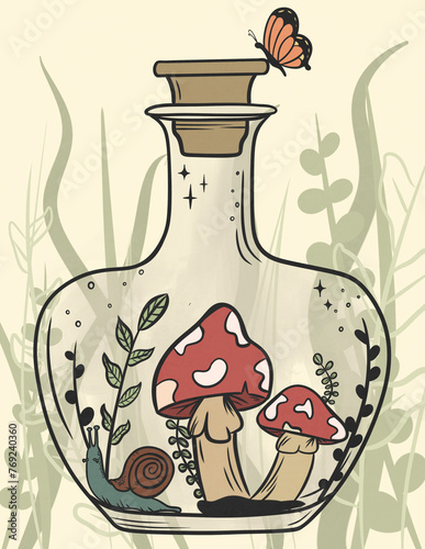 still life with mushrooms and flowers in a bottle