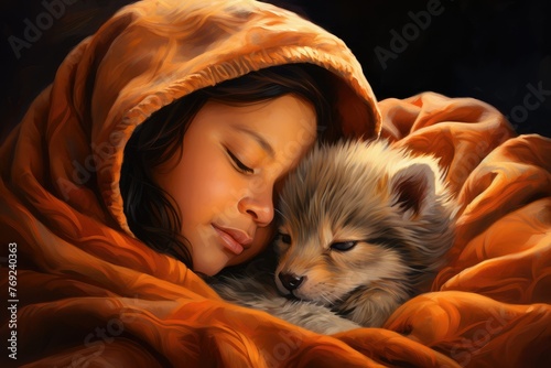 A peaceful painting of a girl and a dog snuggled together under a cozy blanket, creating a heartwarming scene of companionship. Generative AI
