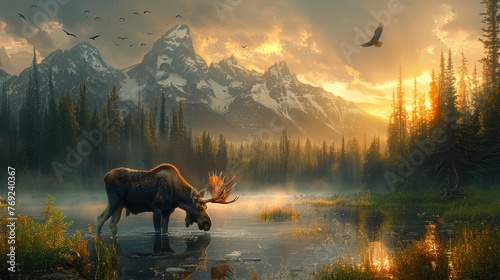 Majestic moose in lake, framed by mountains. Serene natural landscape