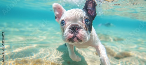 Playful dog dives underwater in summer vacation fun closeup shot of pet swimming