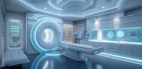 Futuristic hospital with Magnetic resonance imaging scan or MRI machine device. blue tones. 