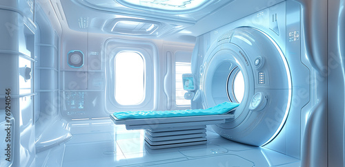 Futuristic hospital with Magnetic resonance imaging scan or MRI machine device. blue tones.  © Koray
