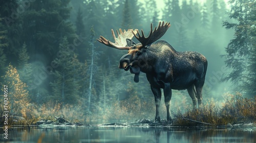 A moose is in a river in a natural landscape with trees © yuchen