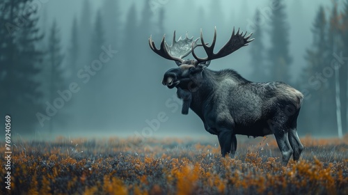 A moose stands in a field surrounded by trees, showcasing natural landscape © yuchen