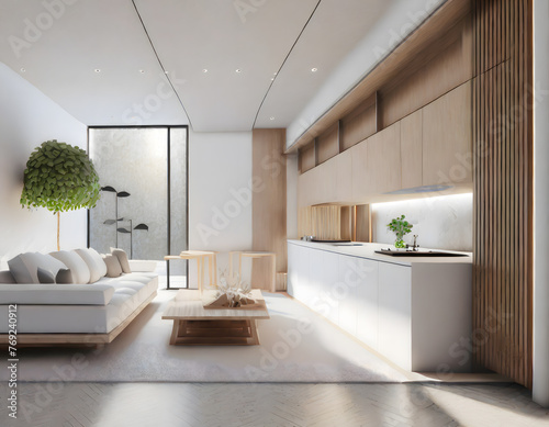Modern Contemporary living and kitchen room interior .white and wood material 3d render. Generative AI.