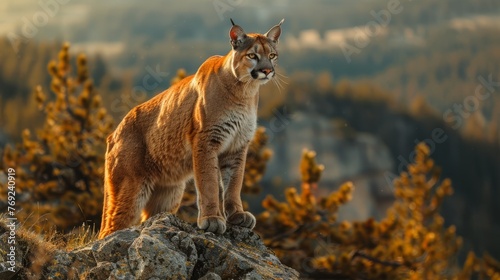 Felidae carnivore cat standing on rocky hill in natural landscape