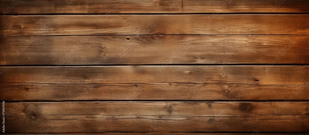 Obraz premium A close up of a brown hardwood plank wall with a blurred beige floor in the background, showcasing a beautiful wood stain pattern