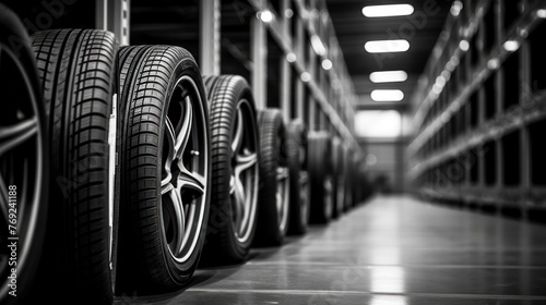 Car tires in a warehouse, close-up. Auto service industry