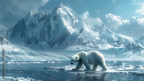 A polar bear crosses a frozen lake with snowy mountains in the background
