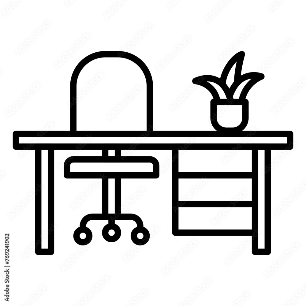 Work desk icon with chair and potted plant Work desk icon with chair and potted plant