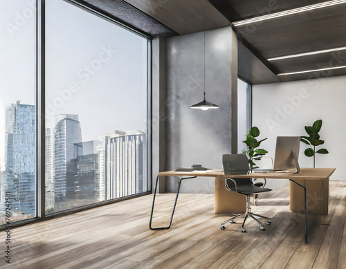  New glass concrete office interior with city view, daylight, wooden floor furniture and equi. Generative AI.