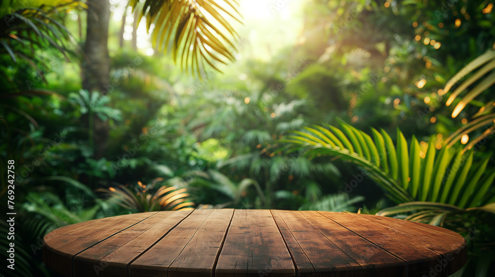 Wood podium table top floor in outdoors tropical garden forest blurred green leaf plant nature background.Natural product placement pedestal stand display,jungle paradise concept. Wood podium table top floor in outdoors tropical garden forest blurred green leaf plant nature background.Natural product placement pedestal stand display,jungle paradise concept.