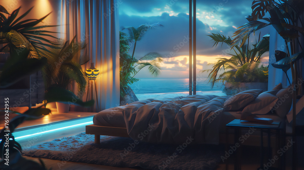 Fototapeta premium luxurious bed room with summer beach theme in the night with dreamy light