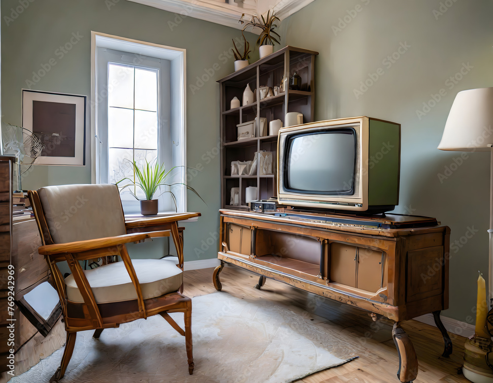 Fototapeta premium Retro living room design with old television cabinet and radio along with work area. Generative AI.