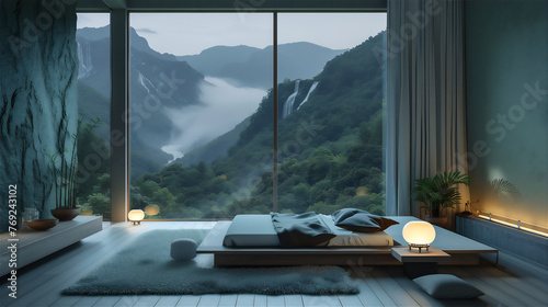 luxurious bed room with mountain theme in the night with dreamy light photo