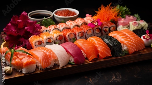 Sushi assortment displayed on a wooden platter, high-resolution photography with feminine style