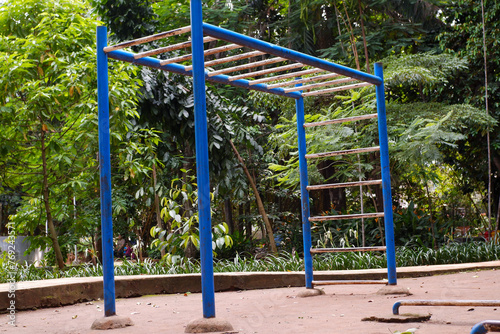 Outdoor sports field. empty colorful monkey bars workout in city park