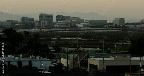 Sunset view of the buildings in the downtown skyline of Redwood City, California, USA. photo