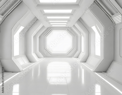 White interior of a spaceship with lighting in perspective, 3D. Generative AI.