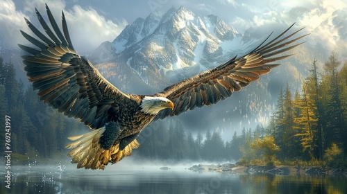 Bald eagle soars above lake with mountains, belonging to Accipitridae family