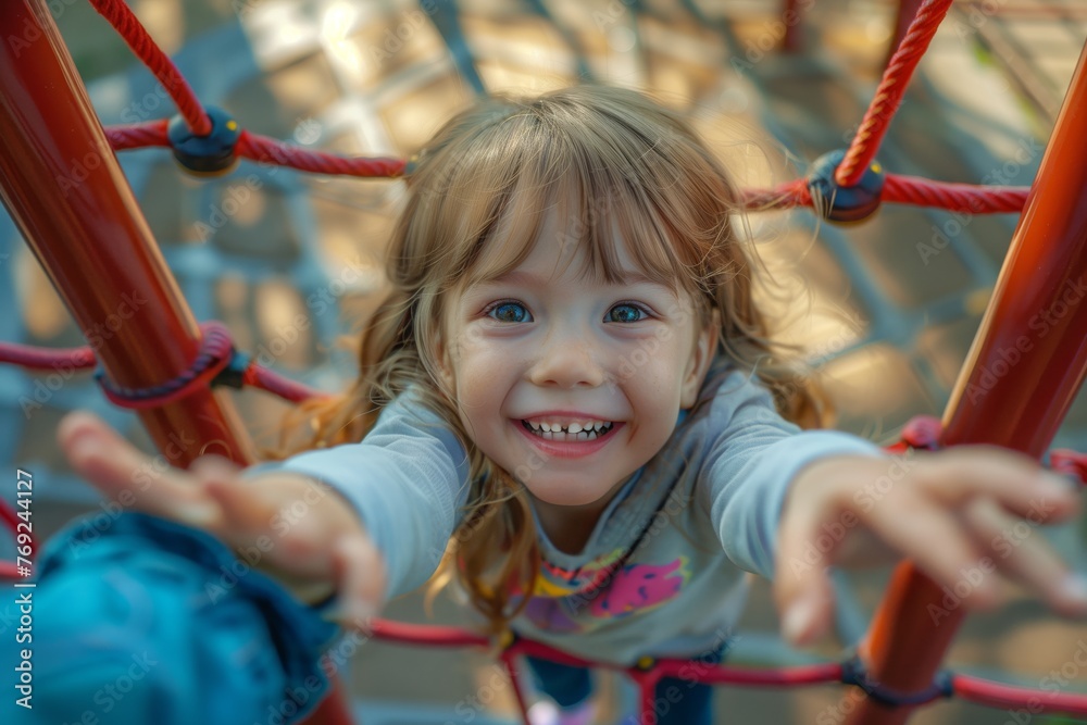 Young girl with a radiant smile reaches out while climbing on a vibrant blue rope net at a playground. Young girl with a radiant smile reaches out while climbing on a vibrant blue rope net at a playground.