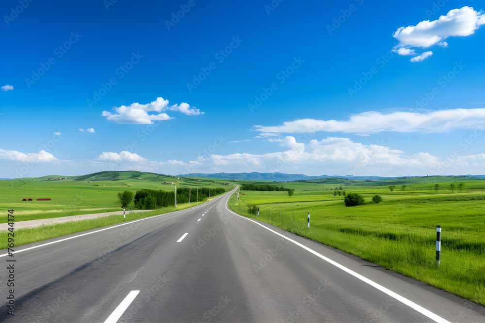 A Lone Achingly Empty Tarmac Road Cutting Through Vast Countryside Fields Under Clear Blue Sky: A Visual Metaphor for Solitude and Tranquillity