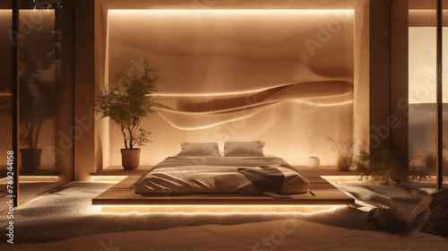 luxurious minimalist bed room with desert theme, night with dreamy light