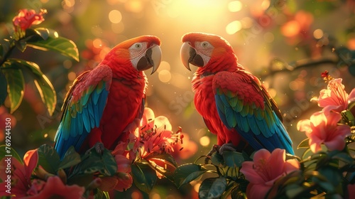 Two parrots perched on a branch, beaks facing each other in a sharing event photo