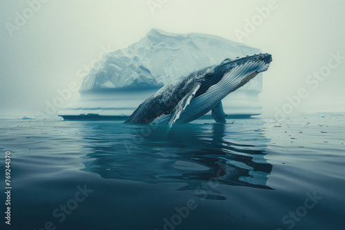 Una ballena en doble exposición con un iceberg, creando una silueta