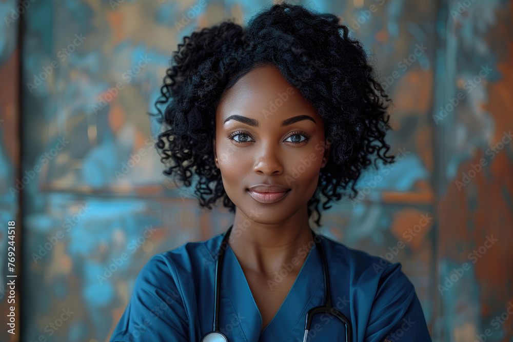 Una mujer negra de 32 años con cabello natural, que viste un uniforme de enfermera porque es enfermera registrada.






 - obrazy, fototapety, plakaty 