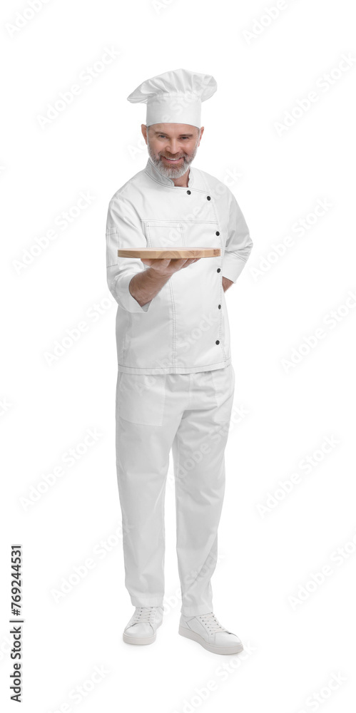 Happy chef in uniform with wooden board on white background
